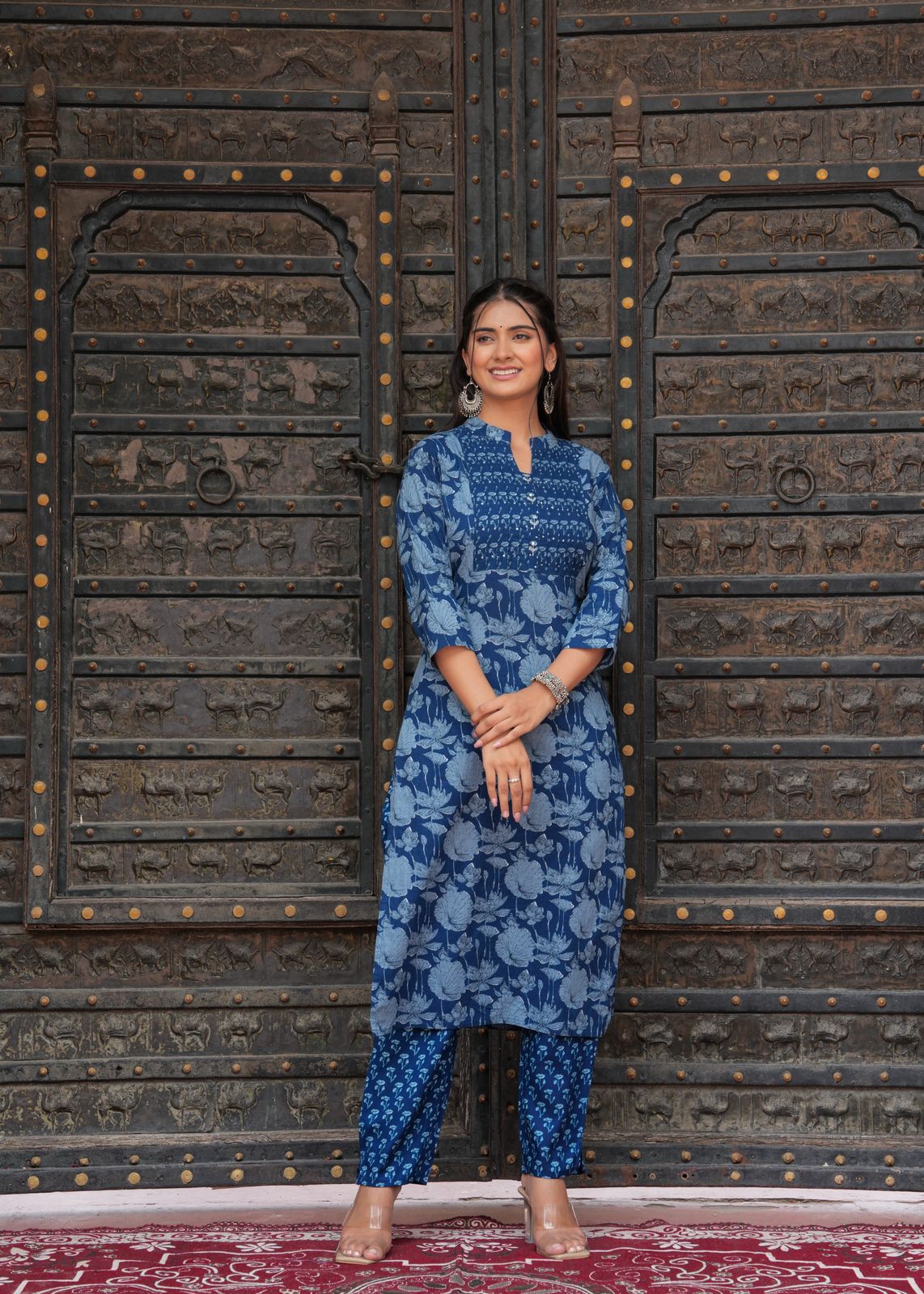 Women Rayon Cambric Kurti Set, Straight Style V-Neck Embroidery On Neck with Straight Pants