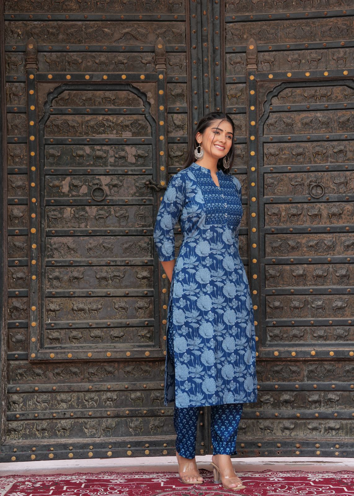 Women Rayon Cambric Kurti Set, Straight Style V-Neck Embroidery On Neck with Straight Pants